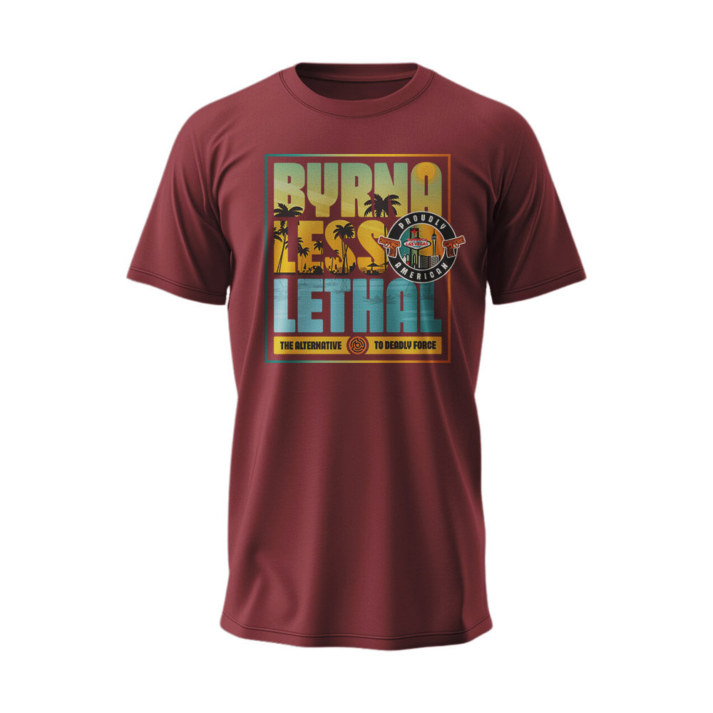 A short sleeve maroon t-shirt with text 'Byrna Less Lethal' printed on the front.
