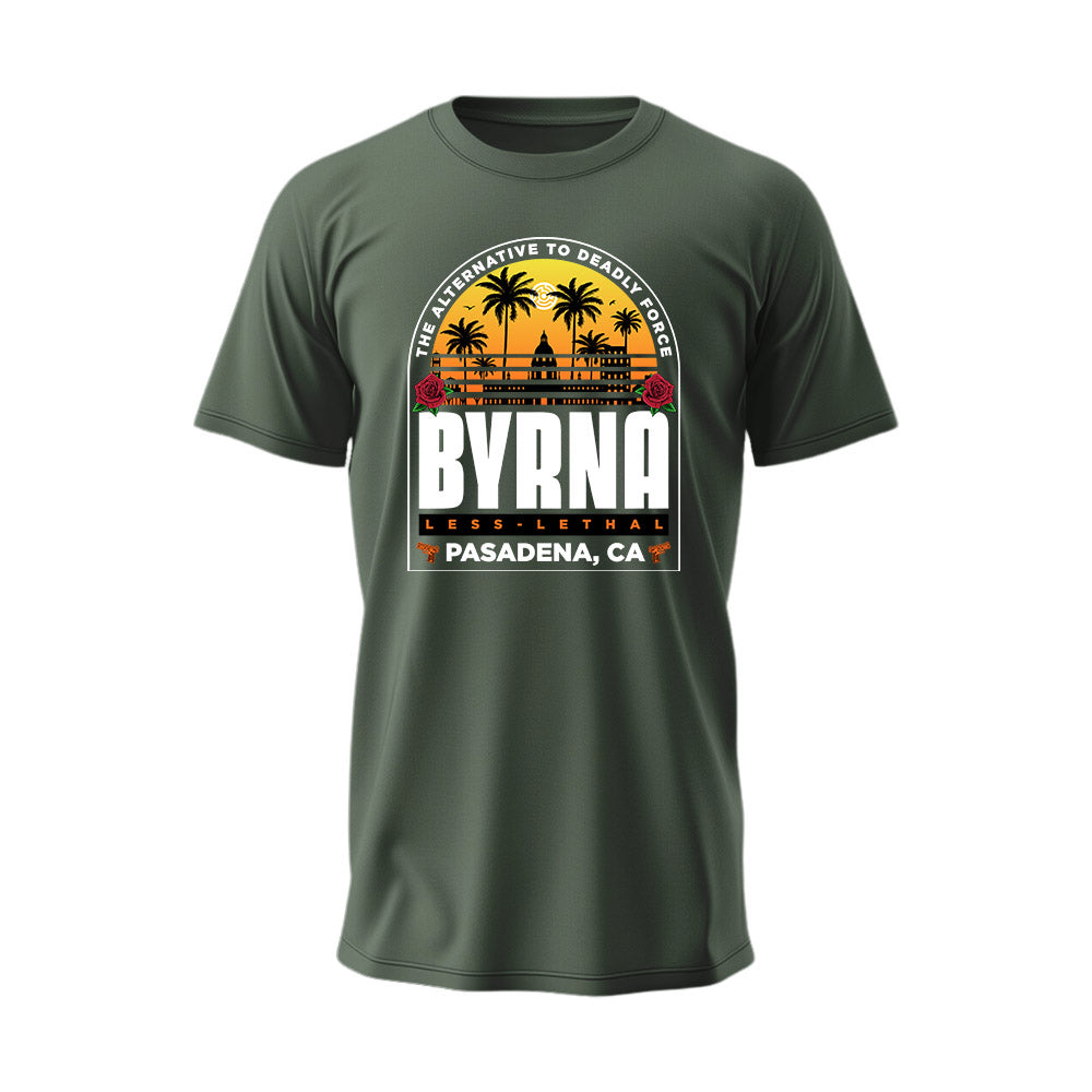 A green short sleeve T-shirt with 'BYRNA Pasadena, CA' text and palm tree graphics on the front.