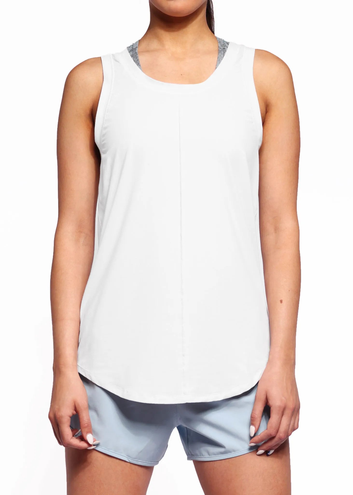 Byrna Alexo Athletica Low Neck Performance White Tank - Zoomed in top view