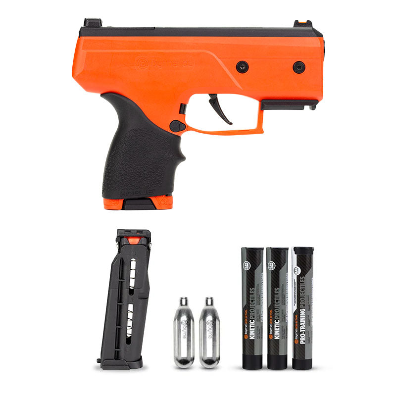 Byrna CL Orange Launcher - Universal Kit with Black Hogue Grip Sleeve along with kit content