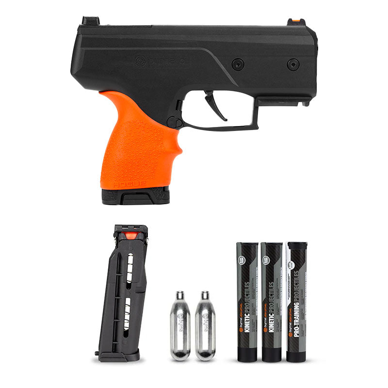 Byrna CL Black Launcher - Universal Kit with Orange Hogue Grip Sleeve along with kit content