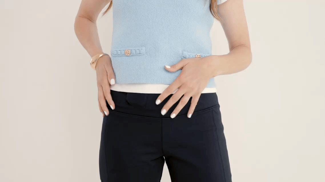 Byrna Alexo Athletica Work-It Straight Leg CCW Pant - Front profile gif showing concealed carry location